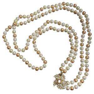 Vintage Nolan Miller Double Strand Faux Pearl Necklace with Flower Rhinestone